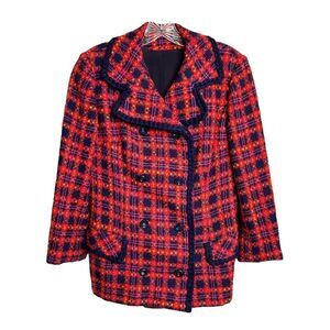 Taylor Brooke Wool Peacoat Double Breasted Red Plaid Tweed Button Women M